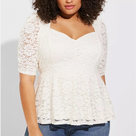 Torrid Blouse Babydoll Stretch Lace Floral Elbow Sleeve Peplum Cream Sz 5X - Picture 1 of 16